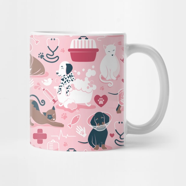 Veterinary medicine, happy and healthy friends // pattern // pastel pink background red details navy blue white and brown cats dogs and other animals by SelmaCardoso